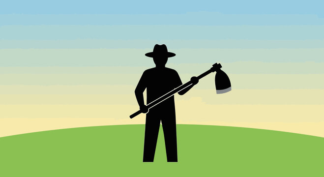 Silhouette of a diligent farmer standing with hoe in a serene rural landscape with a gradient sky