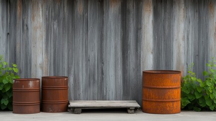 Naklejka premium Weathered industrial backdrop Three rusty barrels, wooden pallet and green foliage against a grey vertical plank wall. Rustic, textured environment. ,Industrial ,Rustic