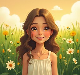 Naklejka premium Beautiful Young Lady with Wavy Hair and a Floral Dress