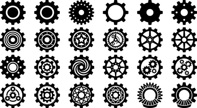 Gear shapes silhouette vector illustration collection, twenty-five black icons showing mechanical, abstract, and decorative cogwheel designs