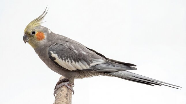 A detailed side profile view of a grey cockatiel bird with a bright yellow crest and orange cheek