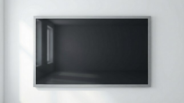 A framed dark reflection shows a room s interior within a blank television screen on a white wall