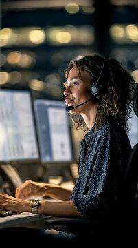 Focused Support Specialist: A focused support specialist, illuminated by the glow of computer screens, is immersed in her work. The atmosphere speaks of late nights, dedication.
