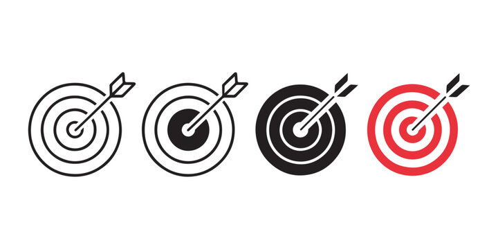 Dart target icon set with arrow pointing at center in different styles isolated on white