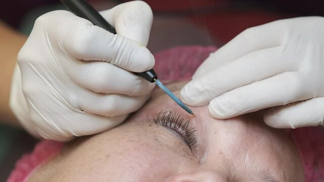 Close-up of a cosmetic electrocoagulation procedure on a woman&rsquo;s eyelid in a professional beauty clinic. Specialist wearing medical gloves using an electric cautery device to remove skin imperfections