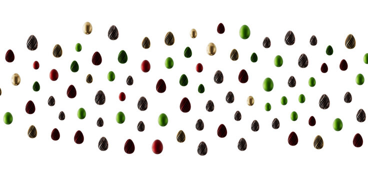Decorative seamless pattern of scattered Easter eggs in various colors against a white backdrop. Suitable for spring hol