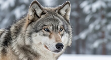 Fototapeta premium Majestic canine portrait shows sharp gaze in a wintry forest setting
