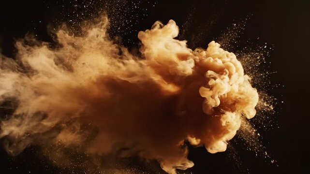 Dynamic cloud of golden dust exploding on a dark background