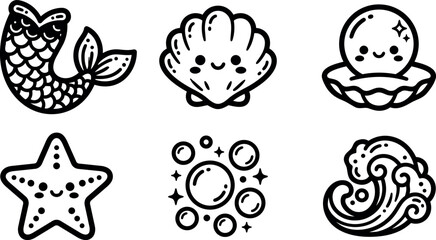 Fototapeta premium Line art vector icons of sea life mermaid tail shell pearl starfish bubbles waves