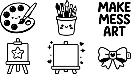 Fototapeta premium Vector line art set featuring paint palette brushes cup easel bow heart text make mess art
