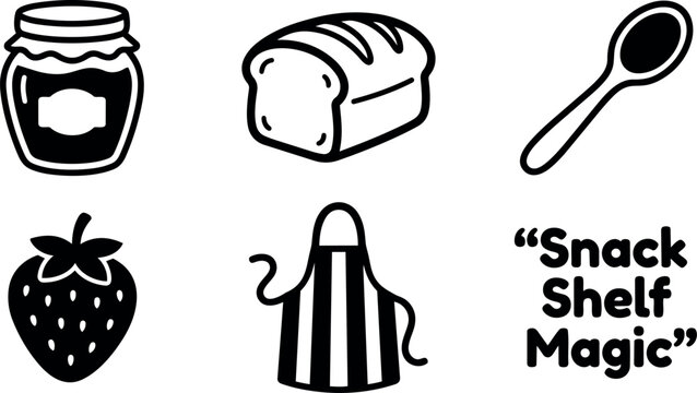 Vector food icons including jam jar bread spoon strawberry apron shelf magic