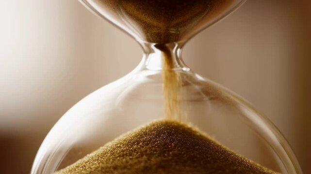 Slow motion static close up of hourglass sand flowing and pouring into lower bulb on neutral studio table