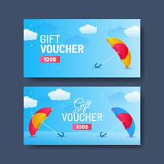 Fototapeta premium Monsoon sale voucher set. Monsoon banner template with rainy background vector illustration