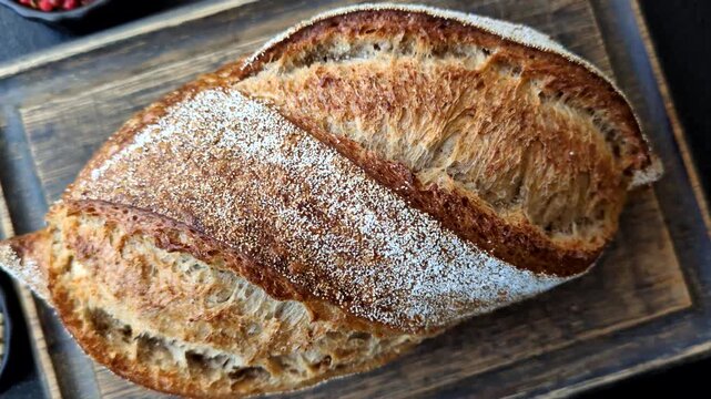 A loaf of homemade whole grain rye bread for the dinner table. A loaf of rye bread as a food background for your design
