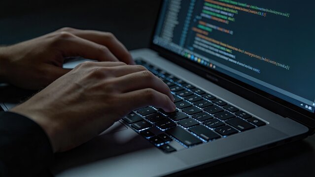 Developer typing code on laptop in dark office software programming concept cyber security hacking data analysis web development coding computer screen technology digital work