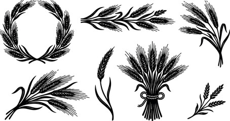 Naklejka premium Black and white laurel wreath and wheat bundles vector line art collection