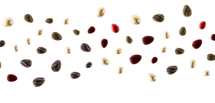 Abstract design of floating golden, red and striped eggs. Suitable for Easter, luxury, design projects. Isolated on whit