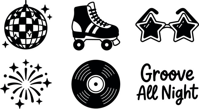 Disco ball roller skate star glasses fireworks and vinyl record icons for a party vibe