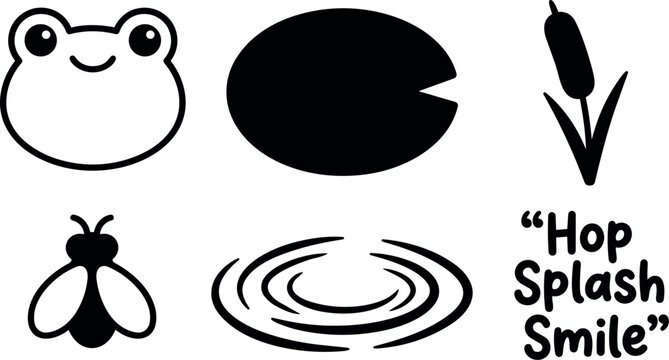 Vector icons collage featuring frog face pac man shape corn stalk bee whirl and smile text