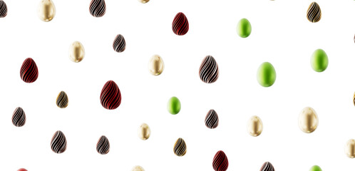 Abstract Easter egg pattern on white. Golden, green, and red eggs design. Perfect for seasonal greetings, spring sale, a © vegefox.com