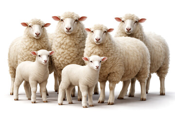 Fototapeta premium Flock Of Cute White Sheep And Little Lambs Standing Together Isolated