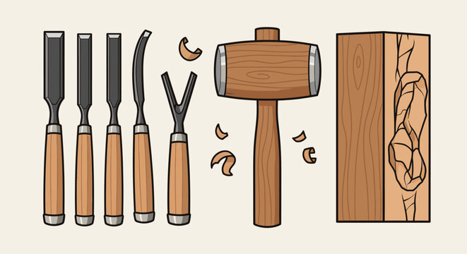 Traditional wood carving tools including chisels, gouges, and a mallet with a carved wooden piece in a bright studio.