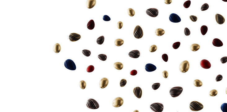 Abstract design of Easter eggs in various colors and textures, gold, red, blue, all over white background, ideal for spr