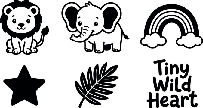 Vector art set featuring lion elephant rainbow star leaf and tiny wild heart lettering