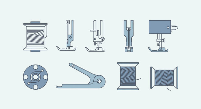 Collection of diverse sewing machine presser feet and thread bobbins, displayed in a bright studio.