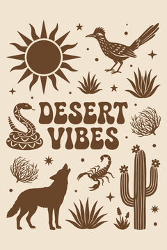 Retro Desert Vibes Illustration with Southwestern Wildlife Elements