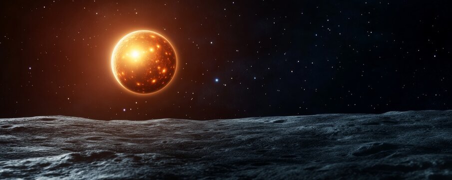 Alien Moonscape A radiant, fiery planet with glowing spots illuminates a dark, cratered surface under a vast, star-filled cosmos. Celestial, Sci-Fi