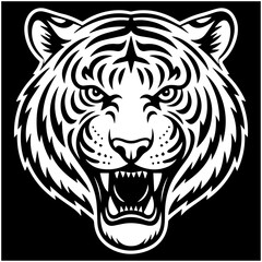 Obraz premium Angry Tiger Head Logo – Wild Animal Mascot Black and White Vector