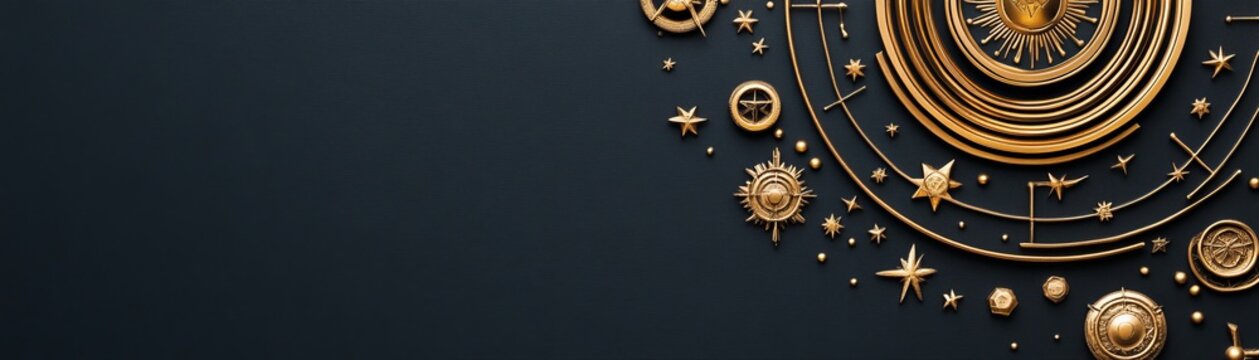 Asymmetric banner Golden celestial symbols, suns, stars and arcs embossed on a dark textured background. Mystical luxury design with copy space., Cosmology, Elegance