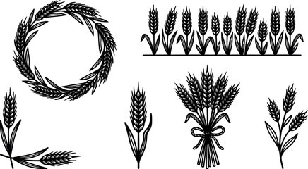 Naklejka premium Unified wheat motifs and wreaths in vector line art for crafts and design projects