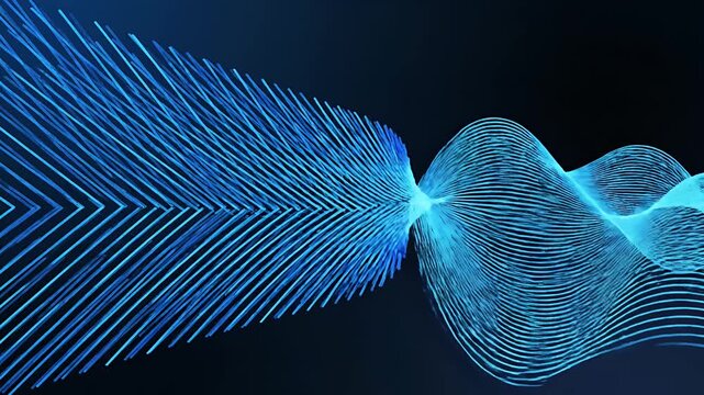 Abstract blue digital lines forming data flow arrow on dark background.