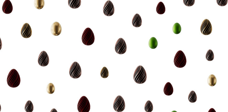 Easter egg pattern on white background. Golden, brown, and green eggs are scattered in a pleasing design, perfect for s