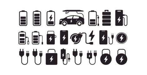 Battery charging simple vector icon set electric car and energy related glyph symbols © Creative_Aminur