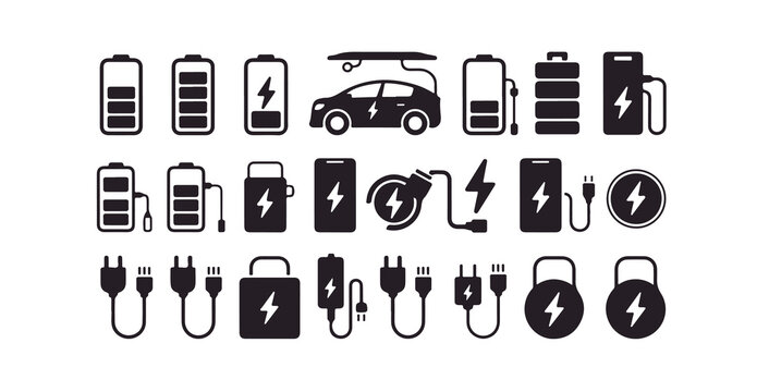 Battery charging simple vector icon set electric car and energy related glyph symbols
