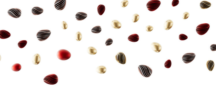 Elegant abstract design featuring gold, red and striped eggs floating against a clean white background, perfect for mod