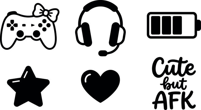 Vector art game icons set with controller headset and afk text in bold black and white
