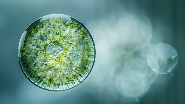 Circular algae bloom floats serene in cool, clear water. Glowing green strands form intricate, living patterns. Soft bokeh lights blur background, enhancing focus. Ideal for biology, nature