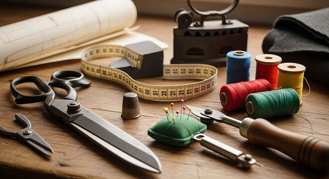 Sewing Tools and Accessories on Wooden Table.