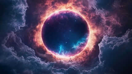 Obraz premium Cosmic Gateway Orb A central starry nebula sphere, glowing intensely within fiery orange-purple clouds, framed by deep celestial formations. A portal to new realms., Space, Nebula