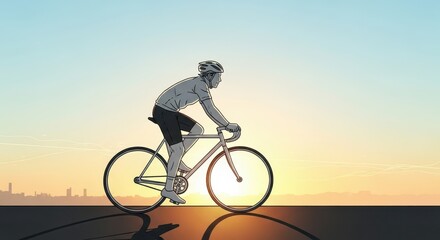 Naklejka premium Athletic individual cycling along a pavement against a brightly lit morning or evening horizon.