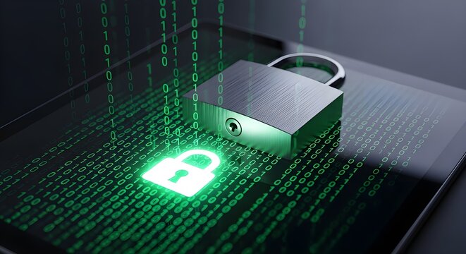 Cybersecurity concept with a physical padlock and glowing green digital lock icon on a tablet screen with binary code.