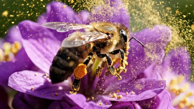 A stunning scene unfolds as energetic bees buzz around lush, blooming purple flowers, fervently gathering golden pollen.