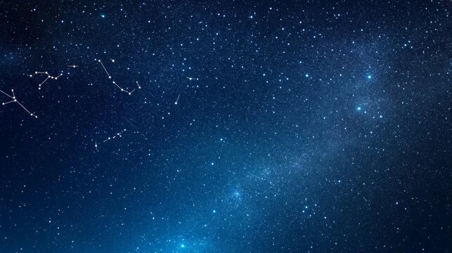 Deep blue night sky, sparkling with countless stars and prominent constellations, set against a soft cosmic glow. A vast, inspiring celestial panorama. ,Astronomy ,Universe