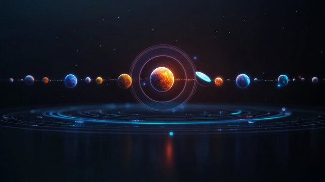 Dynamic Digital Solar System Luminous Planets in Cosmic Alignment, encircled by Neon Orbits, reflected on a Futuristic Data Interface. Space, Technology