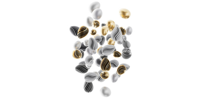 Stylish 3D illustration of abstract floating eggs in gold, silver, and black against a white background. Perfect for mod