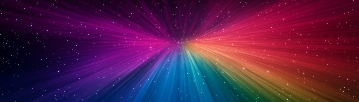 Dynamic Rainbow Cosmic Light Tunnel Vibrant abstract star field with energetic radial spectrum rays, symbolizing light speed and hyperspace journey. Space, Warp